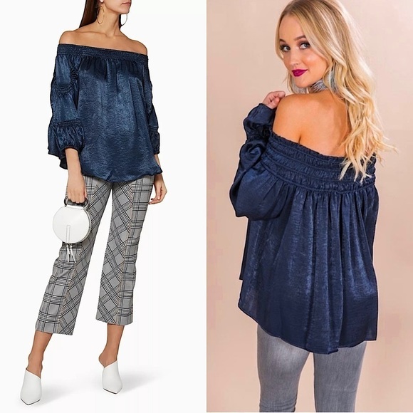 NWT ATOIR 70s Navy Satin Ruched Off Shoulder Balloon Puff Sleeve Peasant Top S - Picture 1 of 7